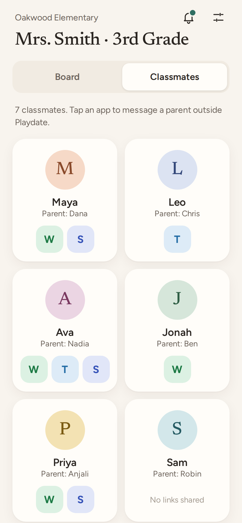 Classmates in a 3rd grade class, with optional messaging links