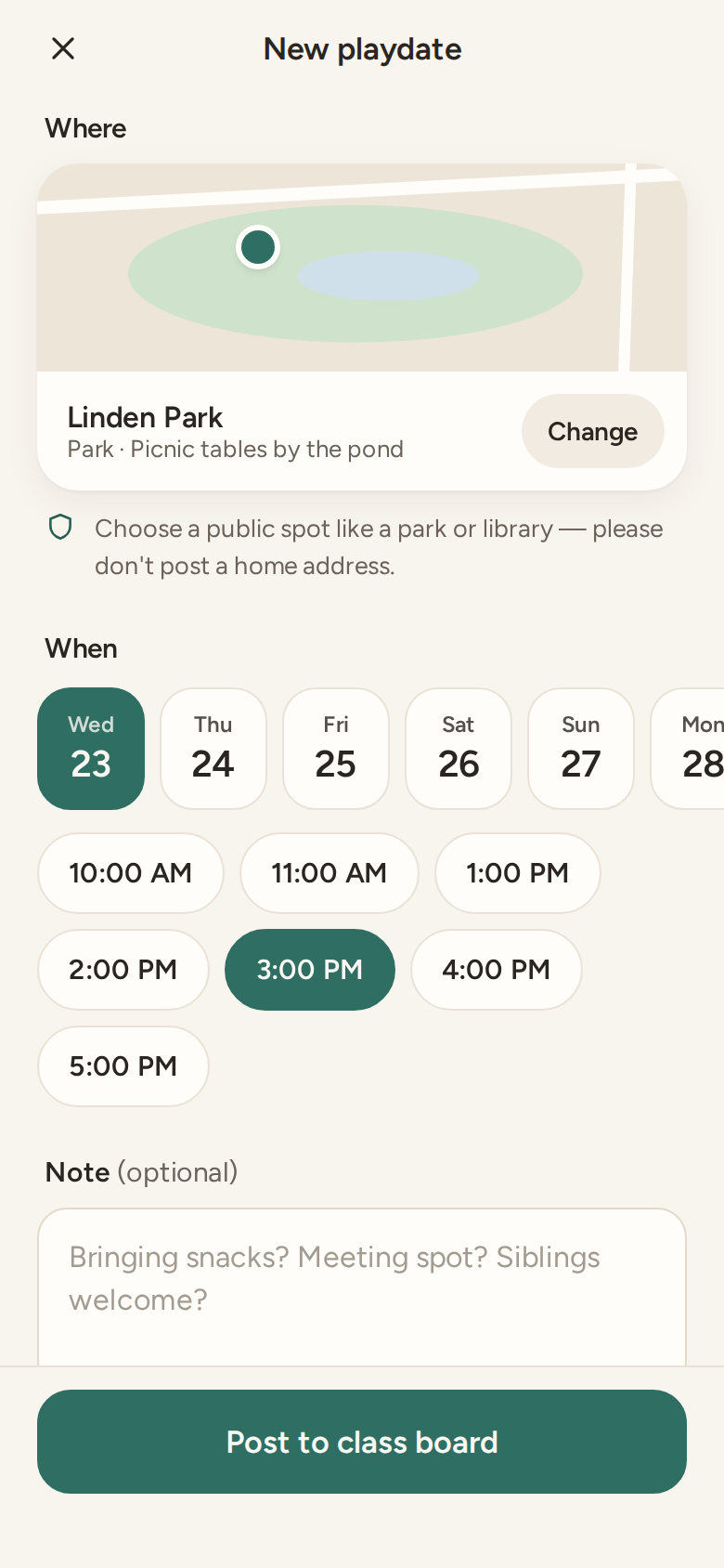 Creating a playdate at a public park